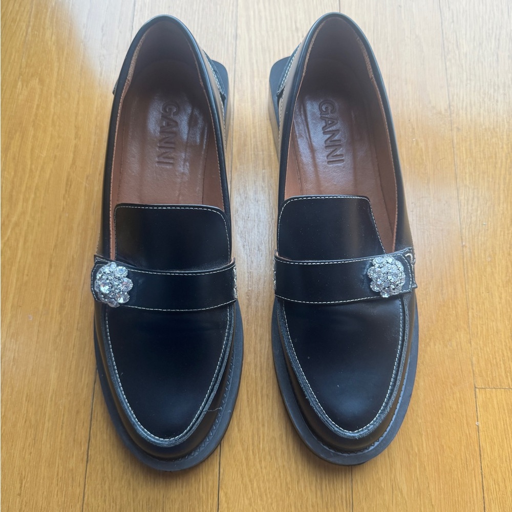 NEW Ganni Jewel Loafers Black Leather Crystal Embellished Chunky Lug Sz 38/8